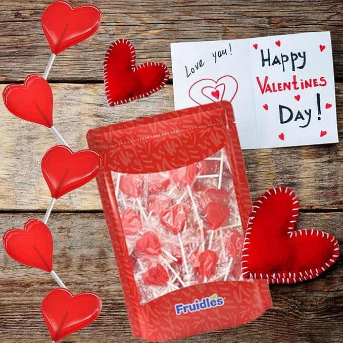 Fruidles Valentine's Heart Lollipops Candy, Red Heart Shaped Hard Candy Lollipop Suckers, Individually Wrapped, 12g Lollipop (2 Pounds)