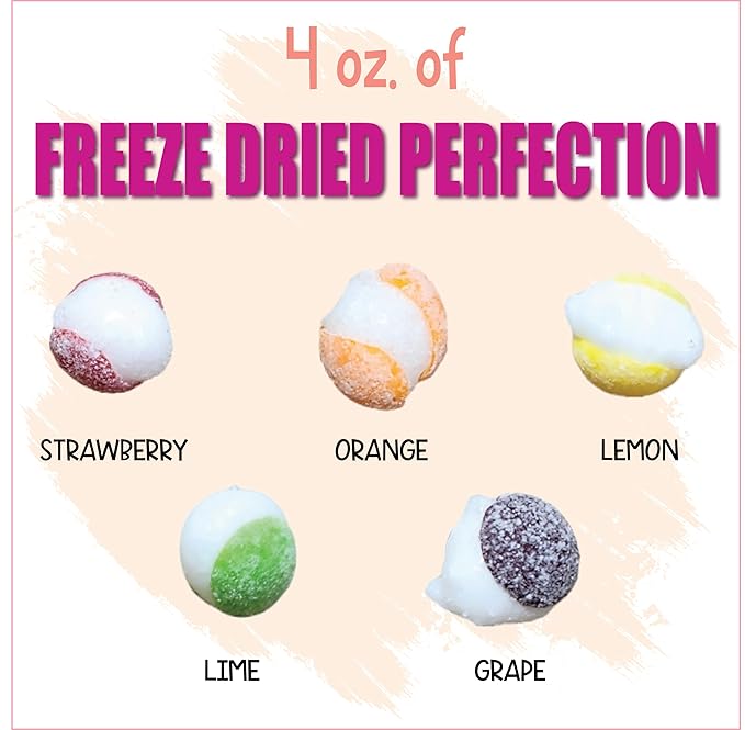 Freeze Dried Candy, Fruit Crunch Sour, 4 oz, 2 Pack, Assorted Strawberry, Orange, Lemon, Grape, Lime Flavors, Bag Pouch, Ideal Gift Snack