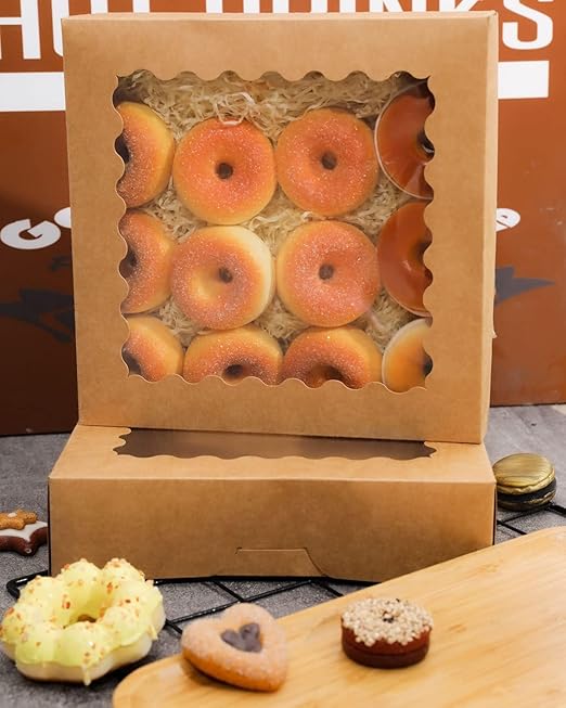 qiqee 8x8x2.5 Inch Brown Pastry Box With Window Donut Pie Boxes 12pcs Bakery Box (Auto-pop Up)