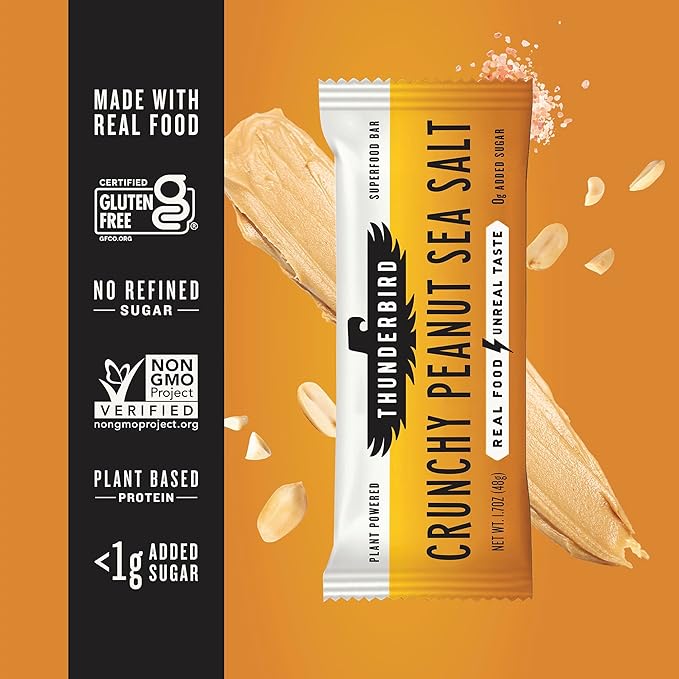 Thunderbird Bars Energy Snack, Gluten-Free with Protein, Healthy Real Food, Vegan Non-GMO, No Added Sugar (12 Count, 1.7 oz. Bars) (Crunchy Peanut Butter)