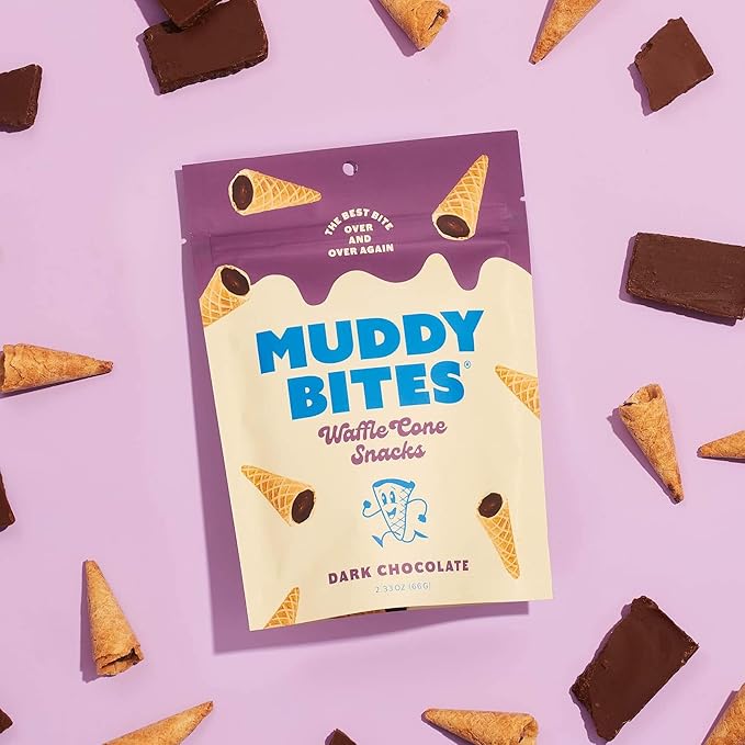 Muddy Bites Waffle Cone Snacks Bite Sized Chocolate Filled Waffle Cones for Snack or Dessert, Ice Cream Topping, Premium Chocolate made with Pure Cane Sugar, Kosher (Dark Chocolate, 5 Bags)