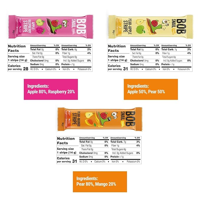 BOB SNAIL Healthy Fruit Snacks for Kids and Adults – 30 Fruit Leather Snacks with Pear-Apple, Raspberry, Mango – Vegan Low-Carb Variety Pack Strips for Kids – Sugar Free Jerky Bars
