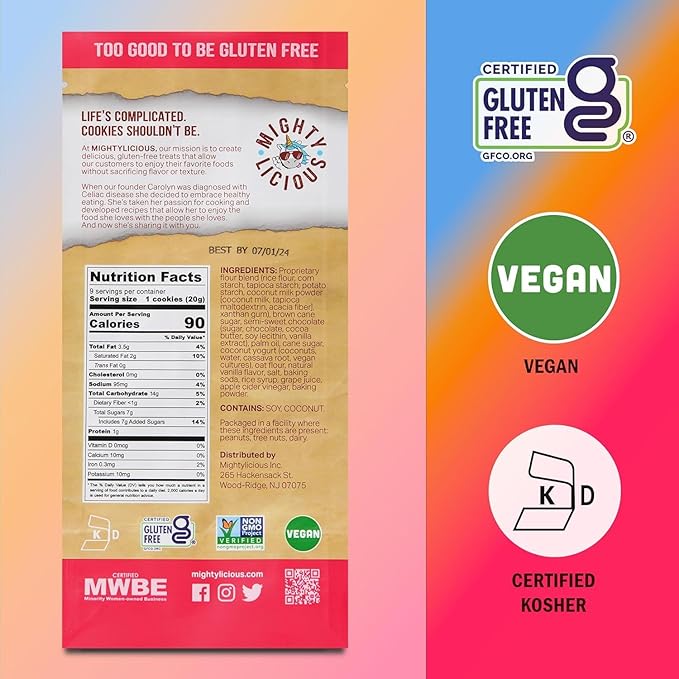 MIGHTYLICIOUS Vegan Chocolate Chip Cookies – Gluten-Free, Dairy-Free, Allergen Friendly, Egg-Free, Non-GMO, Kosher, Preservative-Free – Snack Option for a Guilt-Free Treat - 6.5 Oz (1 Pack)