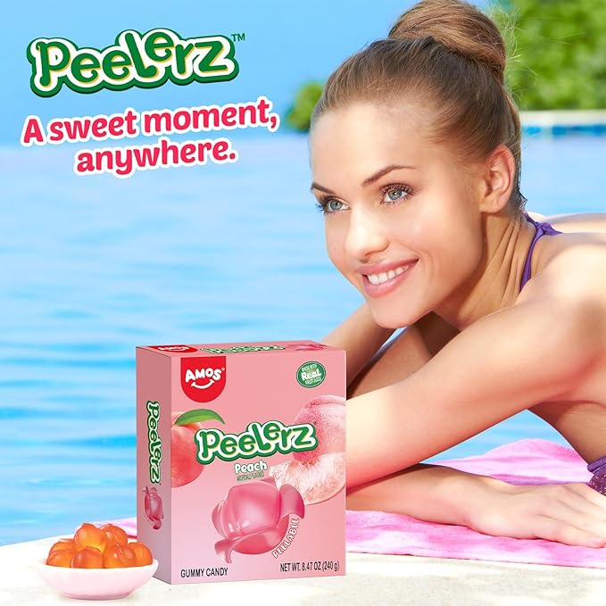 AMOS Peelerz Gummy Peach Candy, Peelable Fruit-Shaped Candy, 8.47oz Box with 10 Individual Packs – Fun Peeling Gummy Snack Made with Real Juice