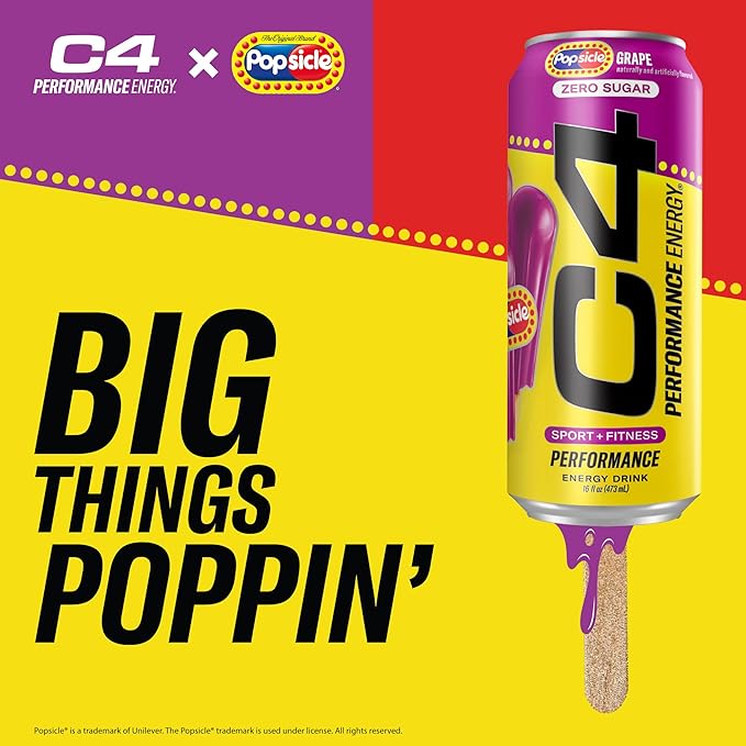 Cellucor C4 Energy Drink x Grape Popsicle, Carbonated Sugar Free Pre Workout Performance Drink with no Artificial Colors or Dyes, 16 Oz, Pack of 12 | Carbonated, Pre Workout, Performance Drink, no Artificial Colors, no Dyes