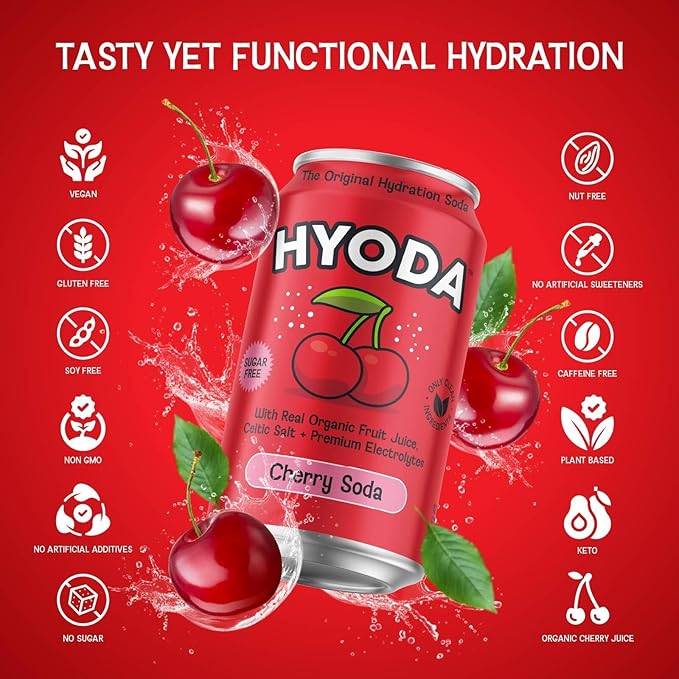 HYODA Cherry Soda, Gluten Free and Vegan Sparkling Electrolyte Drink, Made with Organic Cherry Juice, Celtic Salt, and Calcium, Keto, Zero Sugar, Plant Based, Caffeine Free, 12 FL OZ Cans, 12 Pack