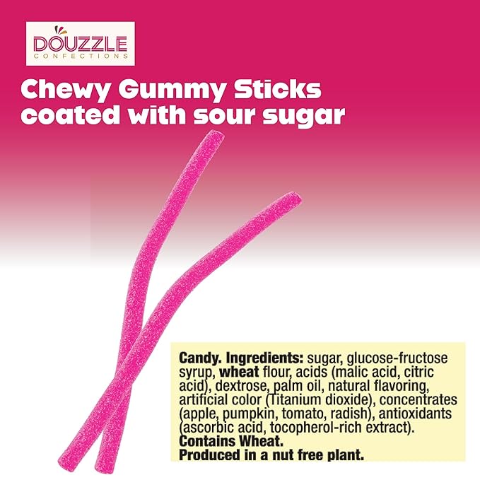 DOUzzle Valentines Day Sweet Treats, Sour Sticks Chewy Candy Straws Pink Lemonade (1.8 OZ - 1 Pack) Goodie Bag Stuffer, Pinata Filler - Kosher Parve