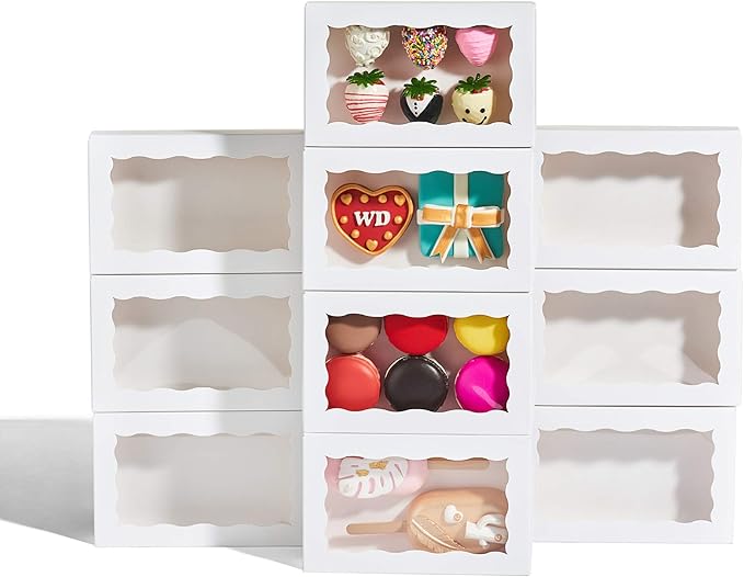 RomanticBaking 100 Pack Auto-Popup 7 x 4 3/8 x 1 1/2 Cookies boxes for 2 Macaron Boxes White Chocolate Covered Ore Boxes Pastry Boxes Cakesickle Boxes Bakery Boxes with Window