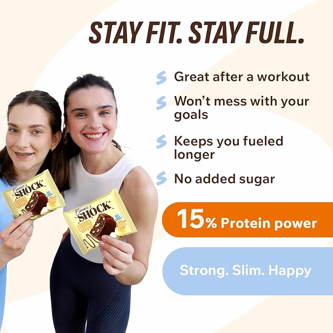 FitnesSHOCK Chocolate Brownie No Added Sugar, 15% Protein, satiating dietary fibre, Soft Texture, 10 Pieces, 50g - Banana Flavour