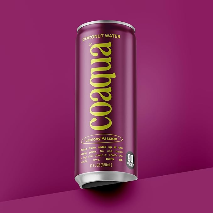 Coaqua Lemony Passion Coconut Water (12 Pack), Naturally Sweet Electrolyte Drink with Passion Fruit & Lemon Juice – Supports Immunity, Digestion & Hydration – Zero Fat, Gluten-Free – 12 fl oz Cans