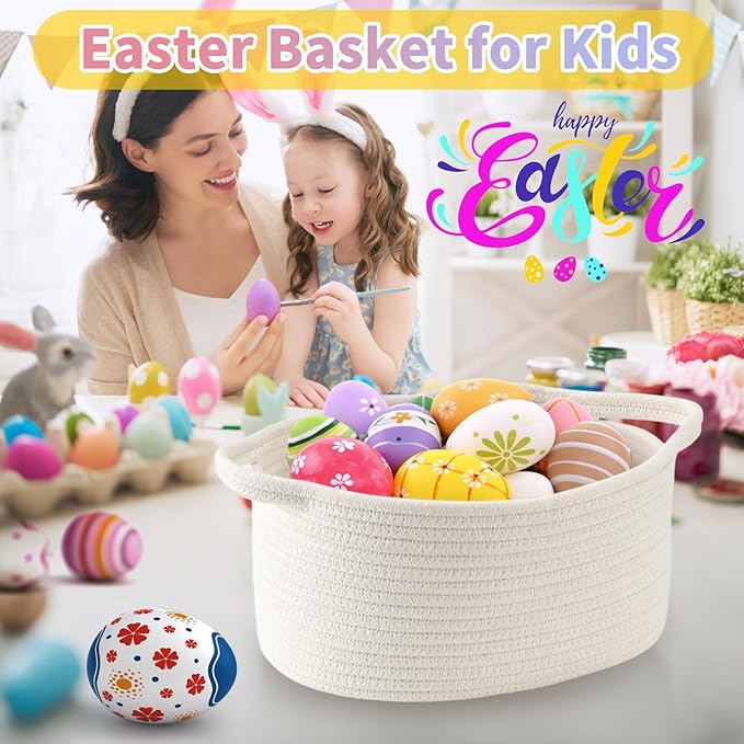 Cute Woven Storage Basket with Handle, Baskets for Gifts Empty, Gift Baskets for Burr Valentines Day Birthday Baby Shower, Decorative Organizer Container for Baby Toy, 13" D x 8" W x 6" H