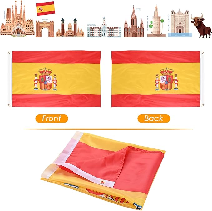 AhfuLife 2 Pcs Spain Flag Spanish Flag 3x5 Ft, Large Spain National Flags - Double Side with Brass Eyelets for Spanish Party Decorations, Bar Garden Street Decoration Indoor Outdoor