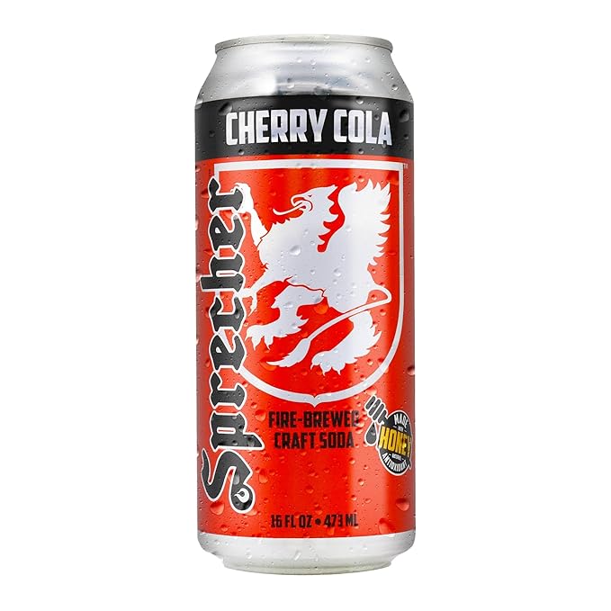 Sprecher Cherry Cola in 16 fl oz Cans (12 Pack), Fire-Brewed Craft Soda with Real Honey & Door County Cherry Juice, Handcrafted Premium Cherry Soda, Caffeine-Free, Gourmet Beverage