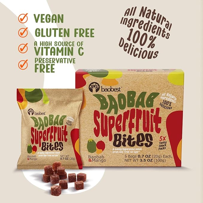 Baobest Superfruit Bites - Baobab Fruit Snack Variety Pack - Berry, Mango, and Raspberry - Vegan, Gluten Free, High in Vitamin C, Preservative-Free, Superfood Snack from the Tree of Life - 15 Servings