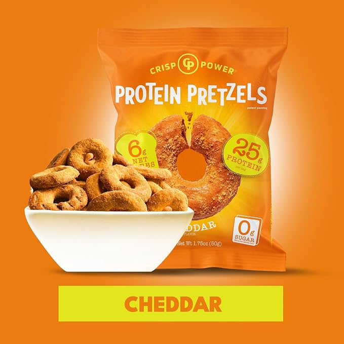 Crisp Power Protein Pretzels, NEW Cheddar, High Protein Snack, 25G Protein, Low Carb Crunchy Pretzel Snacks, No Added Sugar, 1.75 oz Bags, 24 Pack, Vegan, Plant-Based, Keto