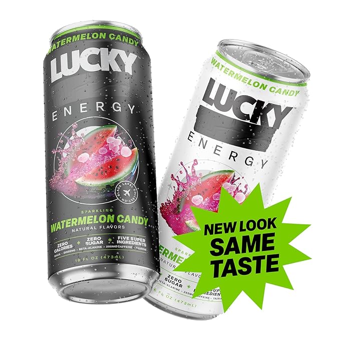 Lucky Energy Sugar Free Energy Drinks, Watermelon Candy, 16oz Cans (12-Pack) Healthy, Zero Sugar Energy Drink with Maca, Ginseng, Beta-Alanine, Taurine & 200mg Caffeine