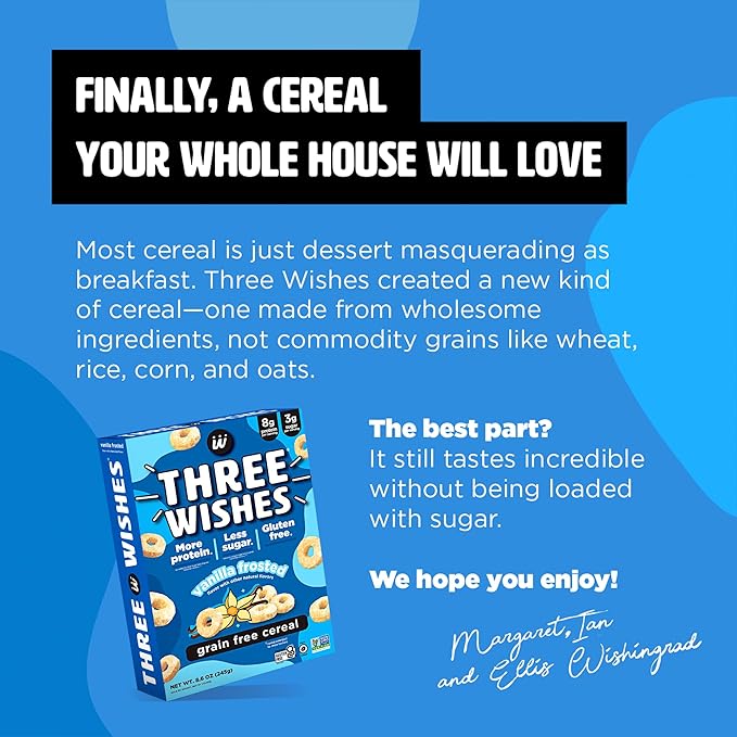 Three Wishes Grain-Free & Protein Cereal - Healthy, Low Sugar & Gluten-Free Breakfast Cereal - Low Carb, Plant-Based, Vegan & Non-GMO - Frosted, 6-Pack