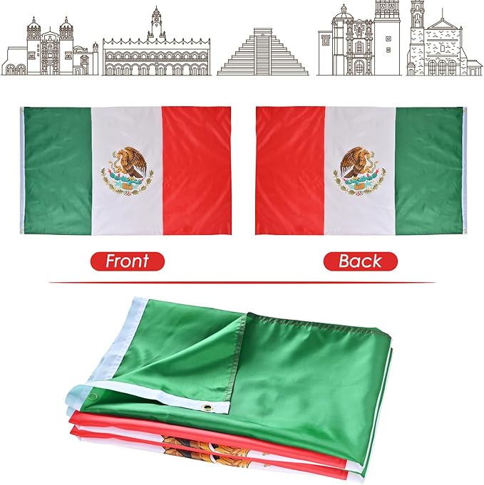 AhfuLife Mexico Flag 3x5 Ft 2 Pcs, Large Mexican Flags for Cinco de Mayo Party Decorations - Double Sided with Brass Eyelets for Bar Garden Street Decoration Indoor Outdoor