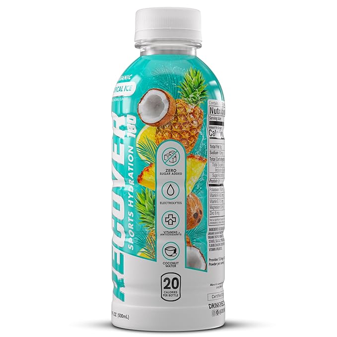 RECOVER 180 Organic Sports Hydration Drink, No Sugar Added, 20 Calorie Sports Beverage, Organic Flavors With Vitamins, Potassium-Packed Electrolytes (16.9 Fl Oz (Pack of 12), Tropical Ice)