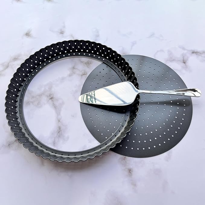 Yamteck 9 Inch Perforated Tart Pan for Crispy Crust w/Cake Server. Removable Bottom, Non-Stick Coating, Rugged Carbon Steel for Tart Quiche Pie Baking. Gift for Christmas Thanksgiving Party
