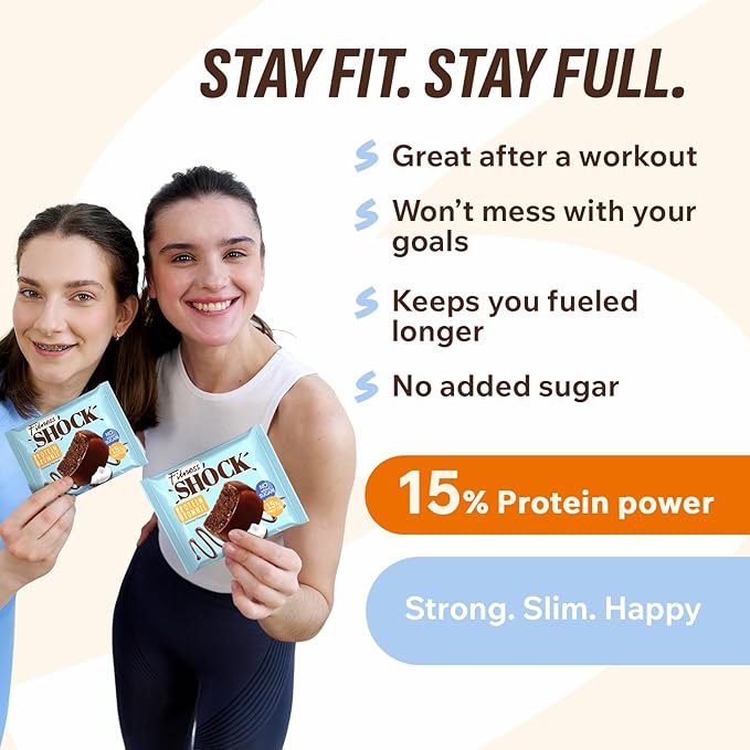 FitnesSHOCK Chocolate Brownie without Added Sugar, 15% Protein, satiating dietary fibre, Soft Texture, 10 Pieces, 50g - Coconut
