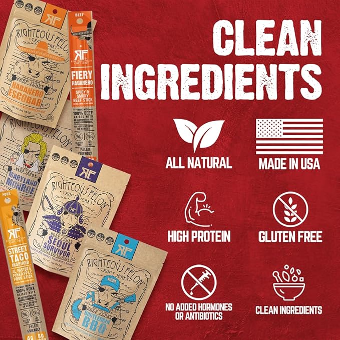 Righteous Felon Beef Jerky & Meat Sticks Variety Pack | Gluten Free Beef Jerky Snack Pack | High Protein, Keto, Low Sugar | Made with Premium Meats | Valentines Day Gifts for Men | Spicy Jerky 6 Pack