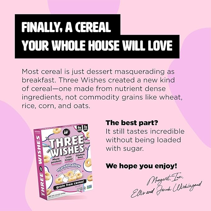 Three Wishes Grain-Free & Protein Cereal - Healthy, Low Sugar & Gluten-Free Breakfast Cereal - Low Carb, Plant-Based, Vegan & Non-GMO - Marshmallow, 3-Pack