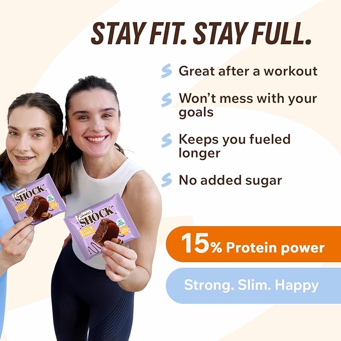FitnesSHOCK Chocolate Brownie without Added Sugar, 15% Protein, satiating dietary fibre, Soft Texture, 10 Pieces, 50g