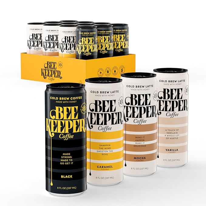 Beekeeper Black Cold Brew Coffee Drinks with Oregon Honey | 12 Pack Refreshing Iced Coffee - Unsweetened & Strong Arabica Brew, 8 fl oz Ready-to-Drink Can - 180mg Natural Caffeine
