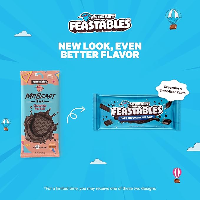 Feastables MrBeast Dark Chocolate with Sea Salt Chocolate Bar, King Size Candy Bar for Adults & Kids, Candy Bars for Snacks, Gifts, & Dessert, Sweet & Creamy Fairtrade Cocoa, 2.1 Oz Each, 10 Count