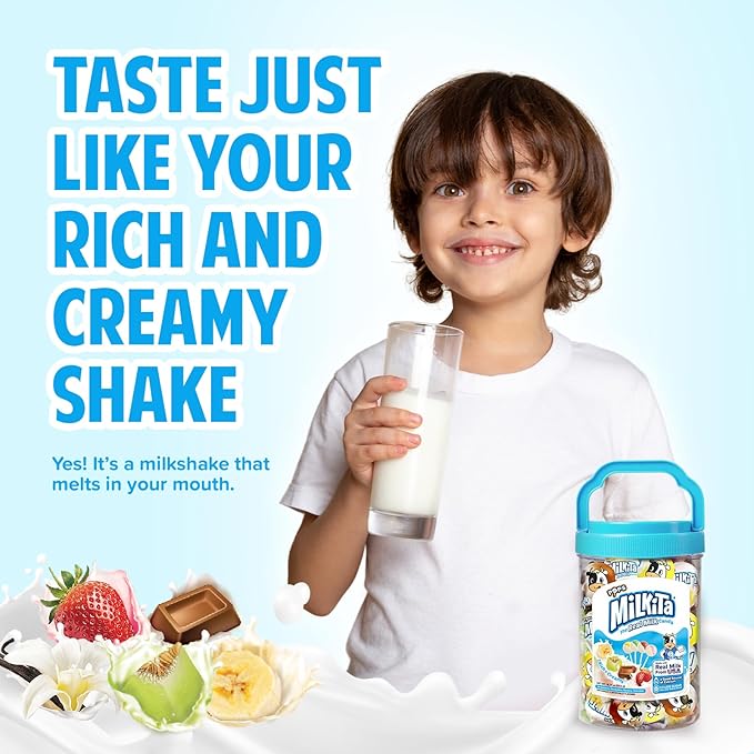 Milkita The Real Milk Candy Lollipop Jar – Low-Sugar, Assorted Healthy Sweets with Real Milk for Kids & Adults – Fat Free & Gluten Free Candy with Calcium for Everyday Indulgence (45 Count Jar)