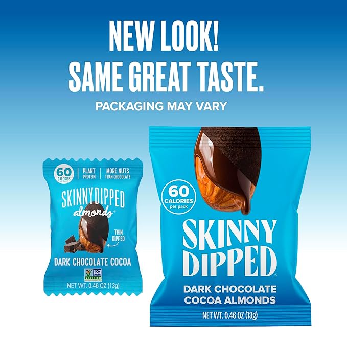 SkinnyDipped Dark Chocolate Cocoa Almonds, Healthy Snack, Plant Protein, Gluten Free, 0.46 oz Mini Bags, Pack of 24
