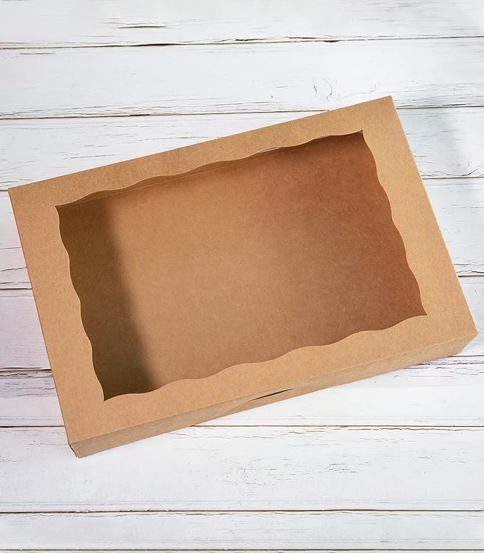 SOROO 15-PACK Pastry Bakery Box 16x11x2.75inch,Brown Large Donuts,Muffins,Cookies Boxes with PVC Window Auto-Pop up Paper Box Nature Cardboard Take Out Container,Hold 12 Donuts,Pack of 15