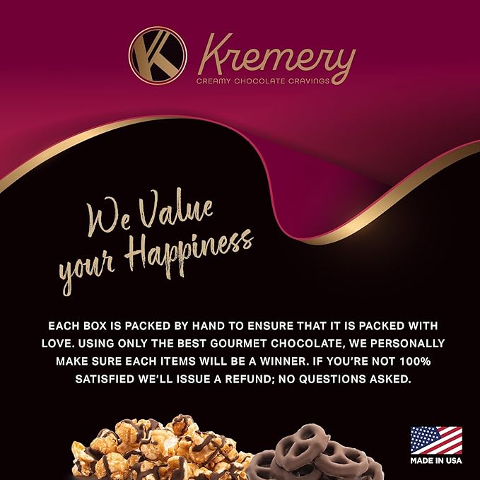 KREMERY Creamy Chocolate Cravings - Valentines Day Chocolate Covered Pretzels & Caramel Popcorn Gift Basket, in Seagrass Tray + Ribbon (Deluxe, 3.5 lbs) Sweet Treats Food Arrangement, Kosher