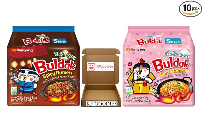KF GOODIES Korean Ramen Variety Pack Gift Box (10 Count) – Spicy Buldak Noodle Assortment for Birthdays, College Care Packages, Office Snacks, and Gift Baskets