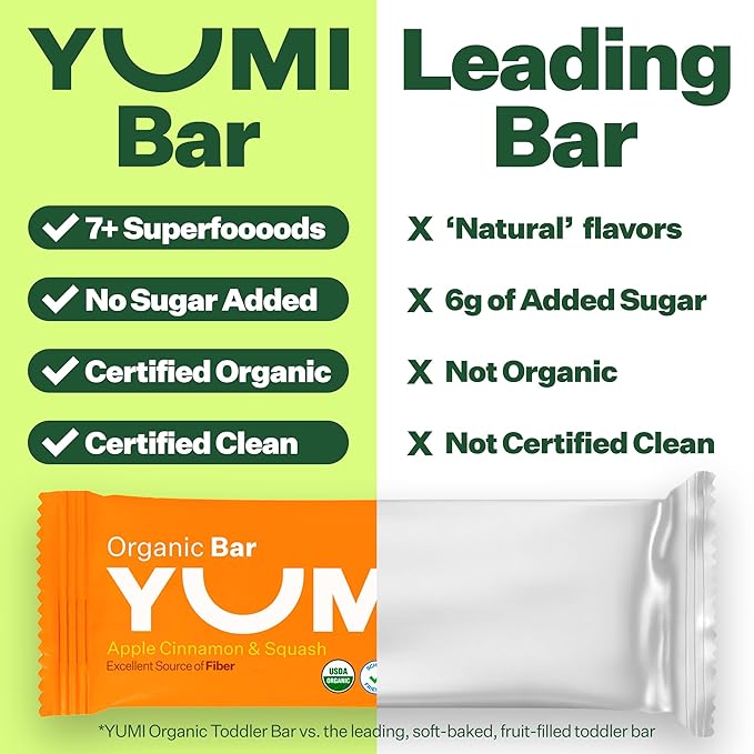 Yumi Organic Toddler Snacks Bars - Gluten-Free, No Added Sugar, 7+ Vegetables, Soft-Baked Crust Yumi Bars, Healthy Toddler Organic Snacks - School Safe and for Lunch Boxes, Apple Cinnamon & Squash (30ct.)