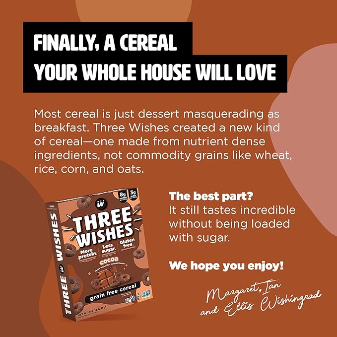 Three Wishes Grain-Free & Protein Cereal - Healthy, Low Sugar & Gluten-Free Breakfast Cereal - Low Carb, Plant-Based, Vegan & Non-GMO - Cocoa, 6-Pack