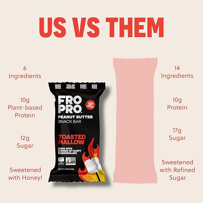 FROPRO Snack Bars - Plant powered peanut butter protein bars. All-Natural, Gluten-Free, Dairy-Free, Egg-Free, & Non-GMO | Toasted Mallow, 12 Pack