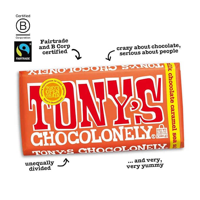 Tony’s Chocolonely Belgian Milk Chocolate Candy Bar With Caramel & Sea Salt, Chocolate Bars for Snacks, Party Favors, or Gifts, 32% Cacao, Made From Quality Fairtrade Cocoa, 4 Bars, 6.35 Oz Each