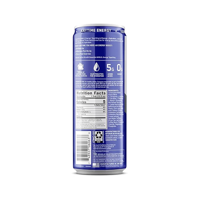 Optimum Nutrition Amino Energy Sparkling Hydration Drink, Electrolytes, Caffeine, Amino Acids, BCAAs, Sugar Free, Blueberry Lemonade, 12 Fl Oz, 12 Pack (Packaging May Vary)