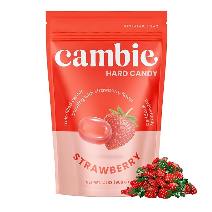 Strawberry Hard Candy Individually Wrapped by Cambie, 2 lbs of Strawberry Candy with a Deliciously Sweet Hard Exterior with a Soft, Fruit-Filled Center