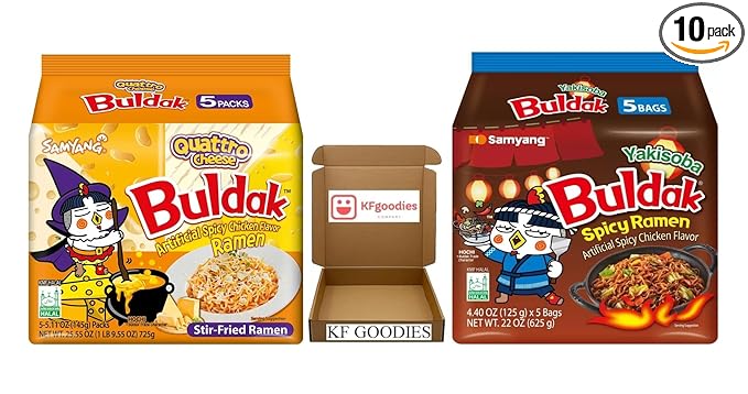 KF GOODIES Korean Ramen Variety Pack Gift Box (10 Count) – Spicy Buldak Noodle Assortment for Birthdays, College Care Packages, Office Snacks, and Gift Baskets