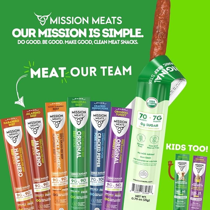 Mission Meats Turkey Sticks, 100% Free Range Turkey Jerky, Zero Sugar, Delicious Healthy Snacks, 9g Protein, Individually Wrapped, Gluten Free, Original 1oz (24ct)