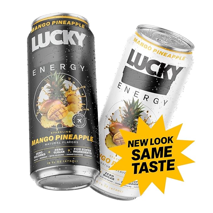 Lucky Energy Sugar Free Energy Drinks, Mango Pineapple, 16oz Cans (12-Pack) Healthy, Zero Sugar Energy Drink with Maca, Ginseng, Beta-Alanine, Taurine & 200mg Caffeine