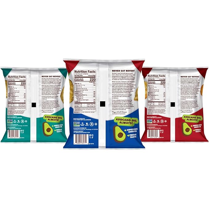 Jackson’s Classic Kettle Potato Chips (Variety Pack, 1.5 oz, Pack of 10) - Made with Premium Avocado Oil, Sea Salt, Salt & Vinegar and BBQ Flavors - Allergen-friendly, Gluten Free, Vegan