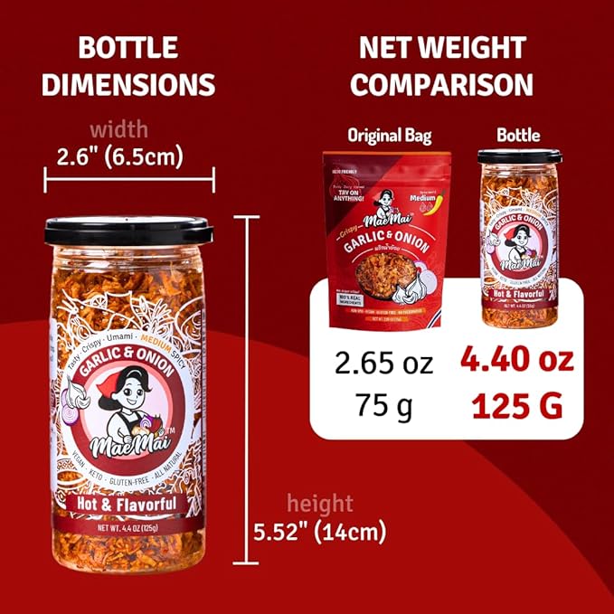 MaeMai Chili Crisp (MEDIUM HOT Spice) - Crunchy Spicy Onion & Garlic Flakes - All-Purpose Seasoning, Topper | Chili oil WITHOUT THE OIL. Crunchy condiment for ramen, rice, salad. 5.47 oz Resealable Bottle