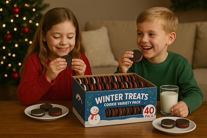 Winter Treats Cookie Variety Pack – 40 Count – Holiday Chocolate Sandwich Cookies with Red & White Creme – Festive Christmas Cookie Box for Kids, Parties, and Gifts