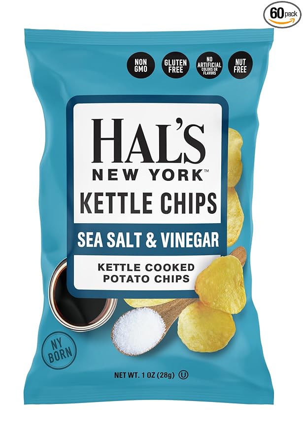 Hal's New York Kettle Cooked Potato Chips, Sea Salt & Vinegar, 1 Oz (Pack of 60)