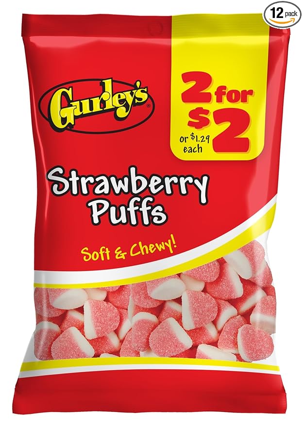Gurley's Strawberry Puffs, Soft & Sweet Marshmallow-Like Candy (Pack of 12)