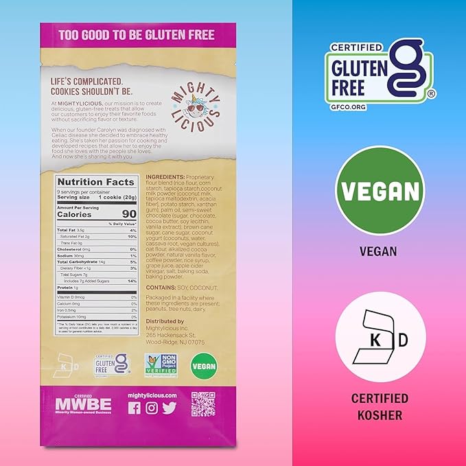MIGHTYLICIOUS Vegan Chocolate Chip Cookies – Gluten-Free, Dairy-Free, Allergen Friendly, Egg-Free, Non-GMO, Kosher, Preservative-Free – Snack Option for a Guilt-Free Treat - 6.5 Oz (1 Pack)